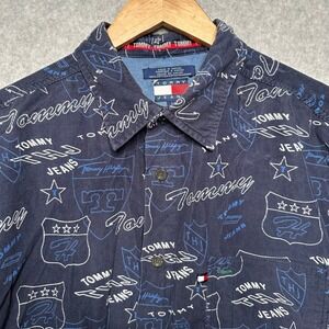 VTG Y2K Tommy Hilfiger Jeans Mens Corduroy All Over Logo Button Up Shirt Size L